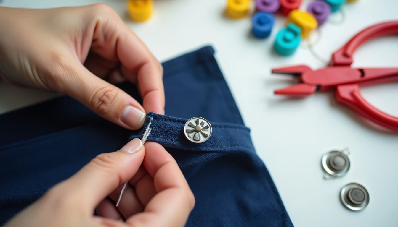 Hands sewing a small silver snap fastener onto navy fabric with needle and thread, with plastic KAM snaps, pliers, and metal prong snaps arranged nearby