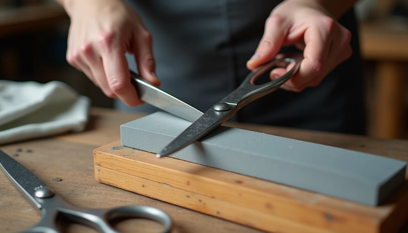 A pair of steel dressmaker shears being sharpened on a whetstone at a workbench, with fabric scissors and a soft cloth nearby