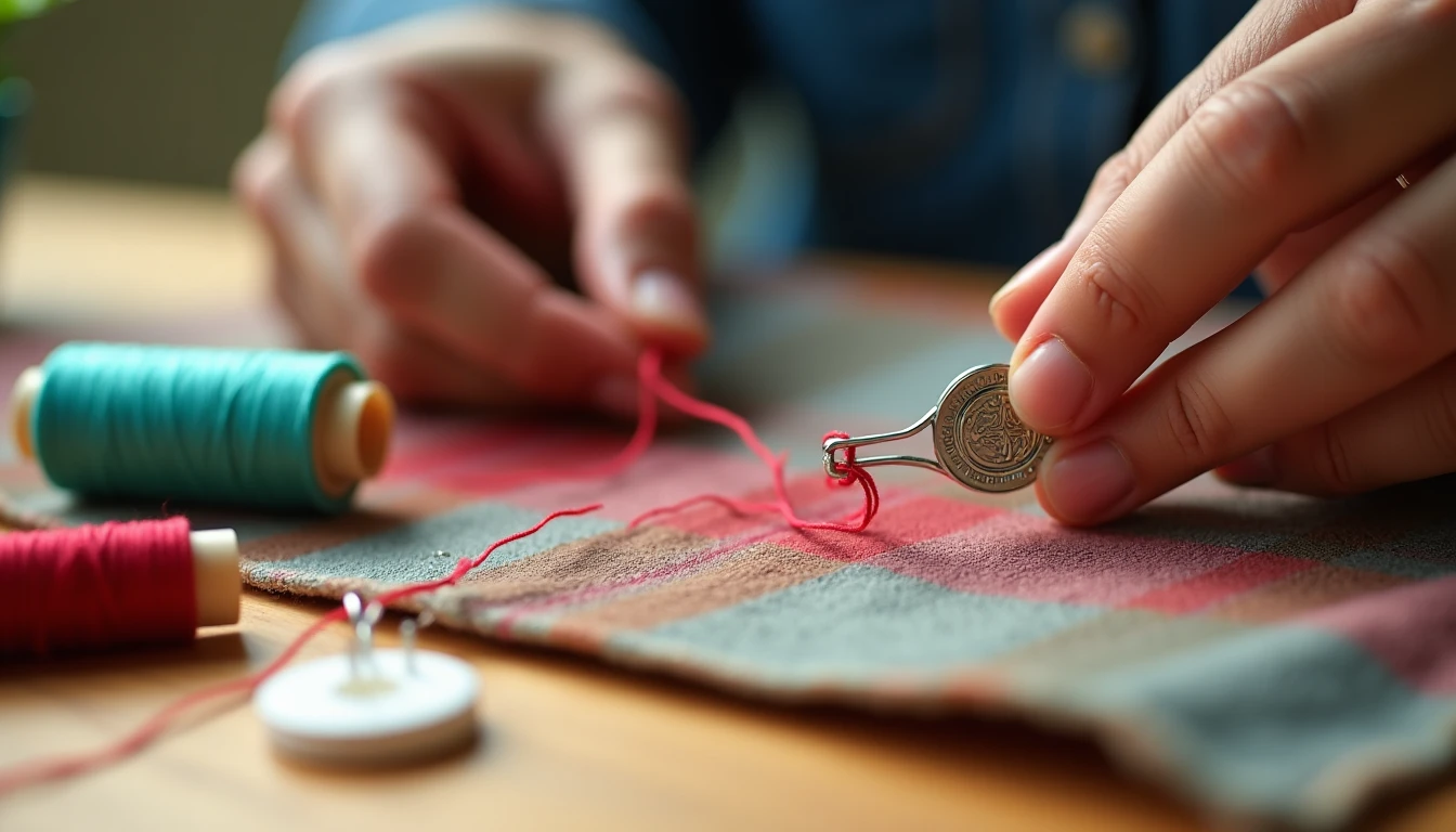 A hand using a classic wire needle threader to pull red thread through the eye of a hand sewing needle, with a desktop threader and spools nearby