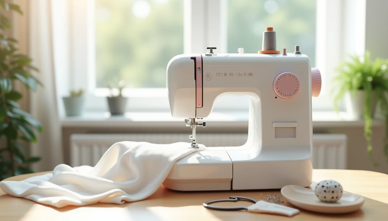 A modern sewing machine on a table with cotton fabric under the presser foot and thread on top