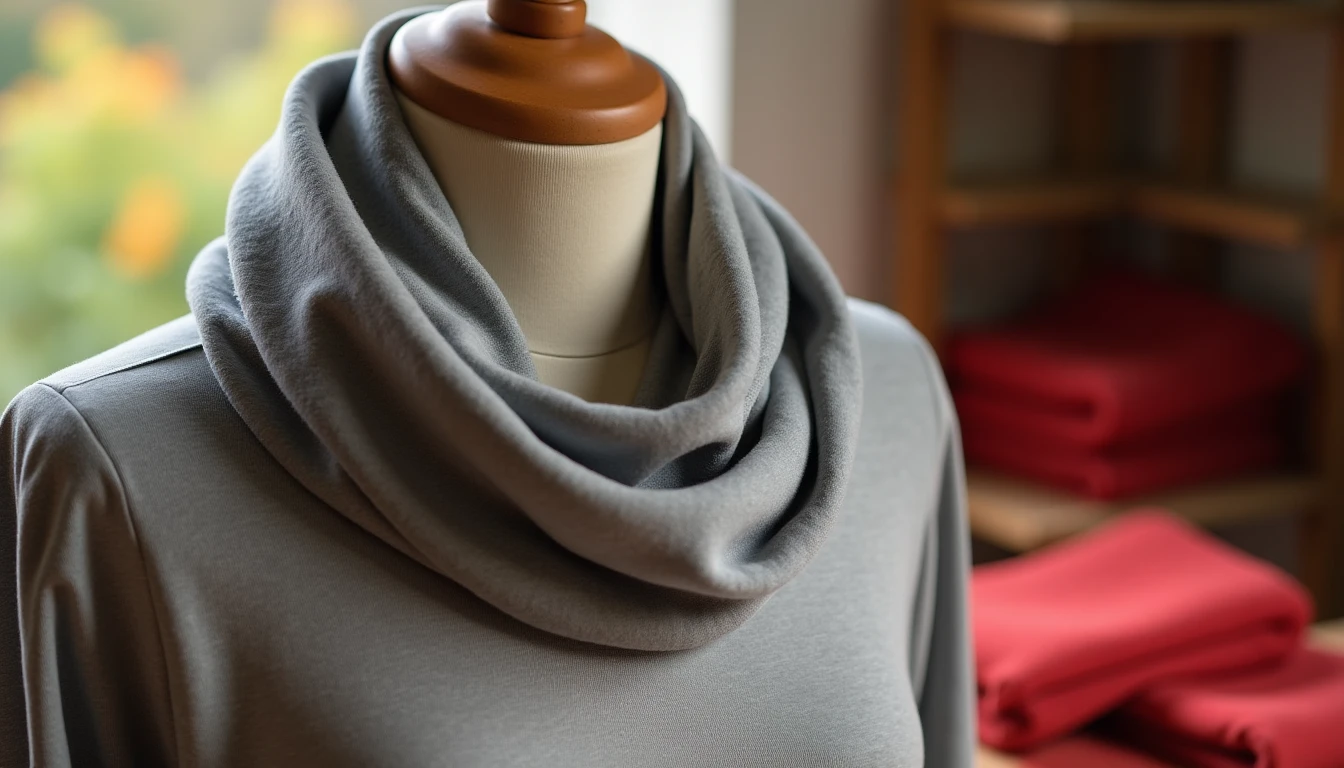 A soft heather gray jersey infinity scarf doubled around a dress form neck, with a folded red fleece neck warmer and fabric on the sewing table