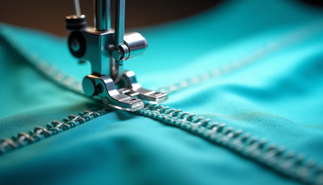 An invisible zipper foot on a sewing machine guiding an open zipper coil through its groove while stitching close beside it on teal fabric