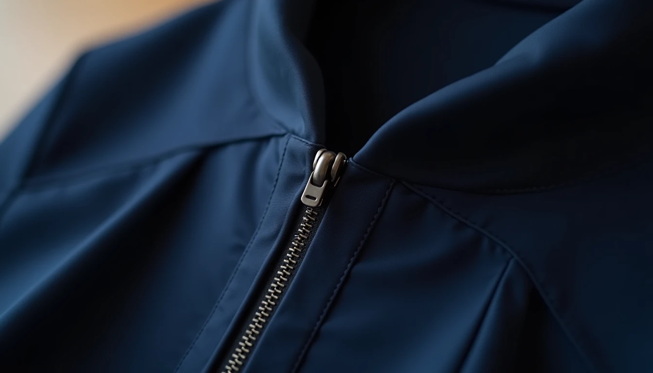 An invisible zipper sewn into a navy dress seam, nearly hidden with only the small pull showing