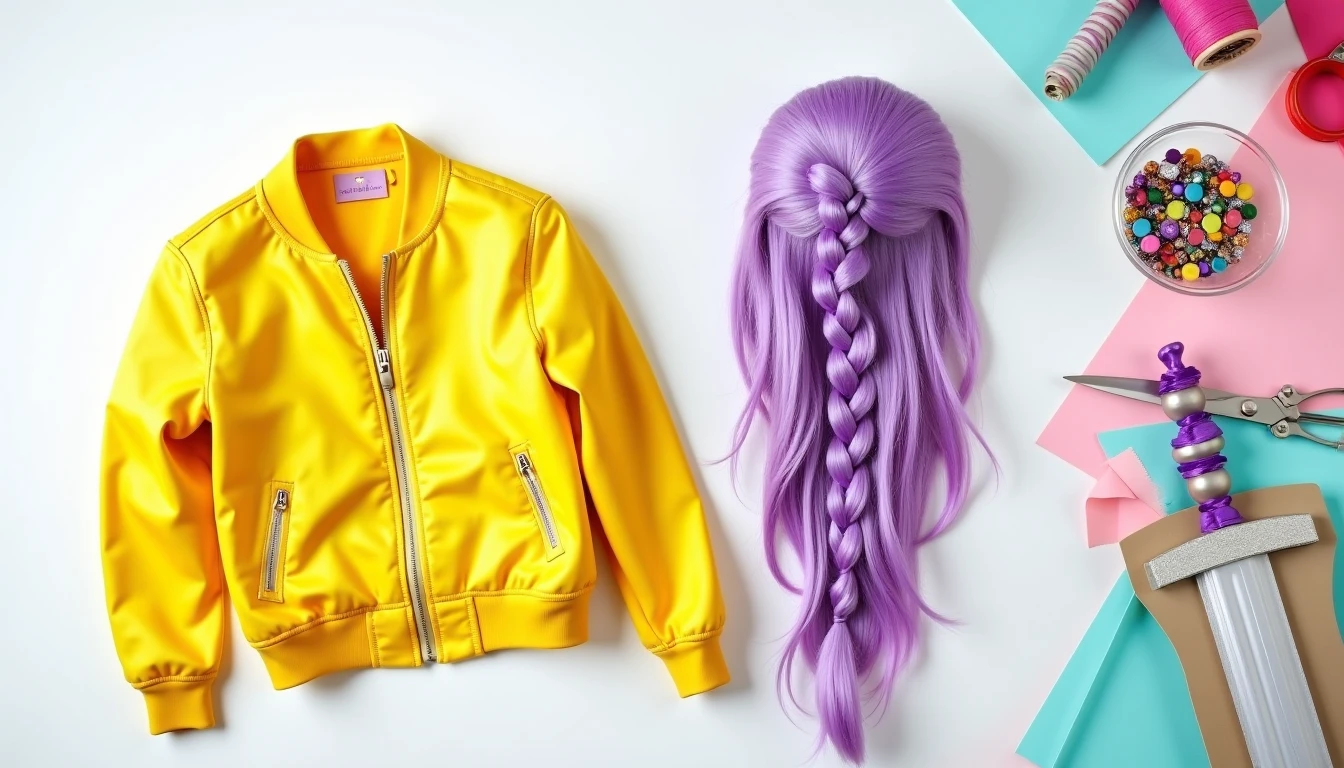 DIY costume pieces for a KPop demon hunter look: a yellow jacket, purple braided wig, face gems, and a cardboard sword on a bright table
