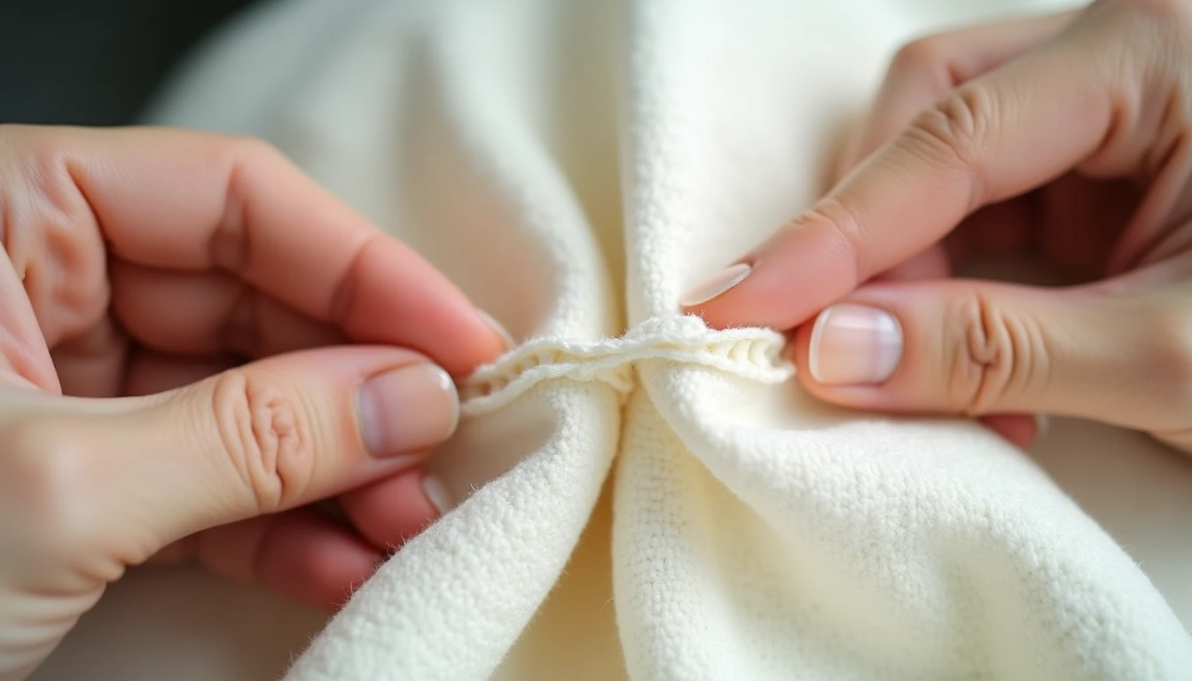Hands closing a small gap in cream fabric with an almost invisible hand ladder stitch