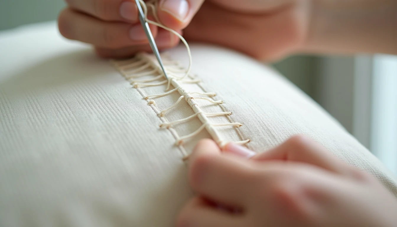 Hands closing a stuffed fabric opening with a ladder stitch, showing thread rungs across the folded edges before being pulled tight and vanishing