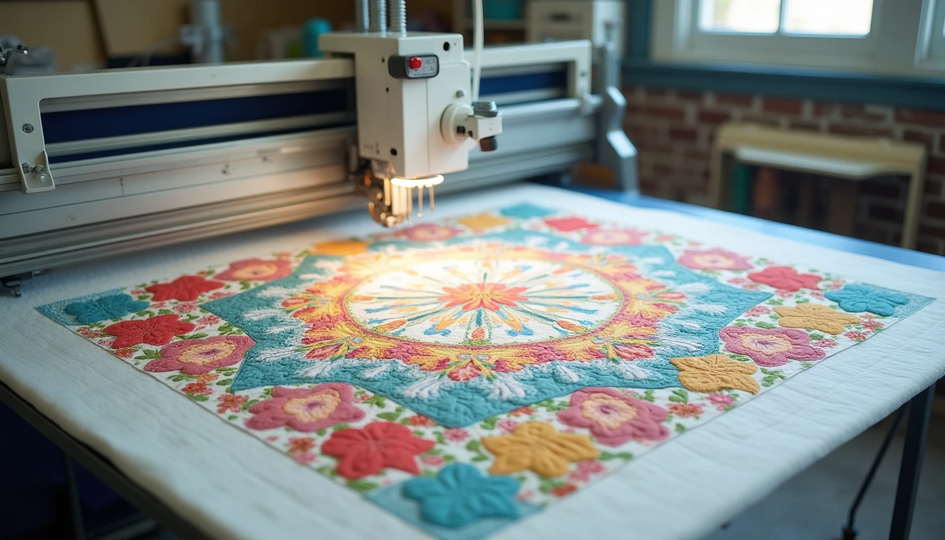 A longarm quilting machine on a long frame stitching an edge-to-edge swirl pantograph across a colorful patchwork quilt