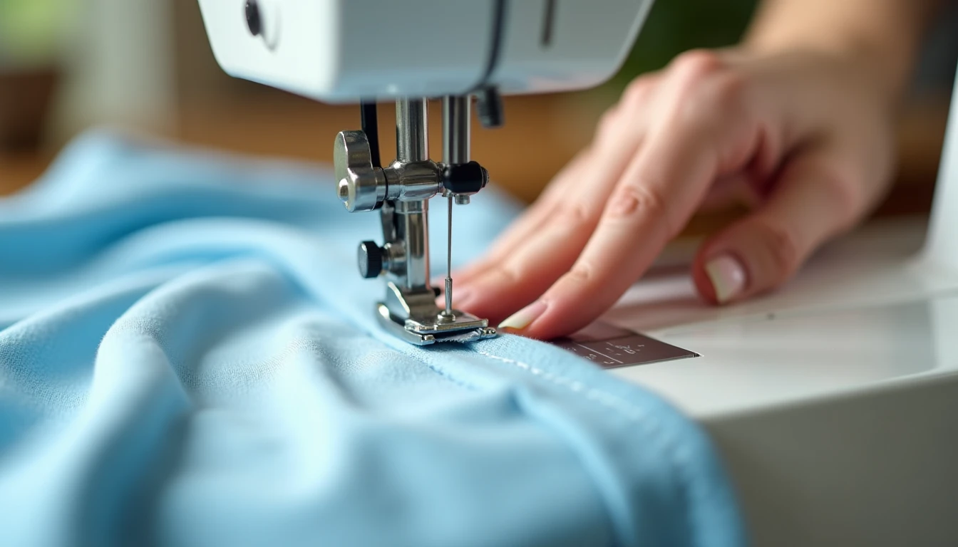 Hands guiding light blue cotton fabric under a sewing machine needle to sew a straight stitch