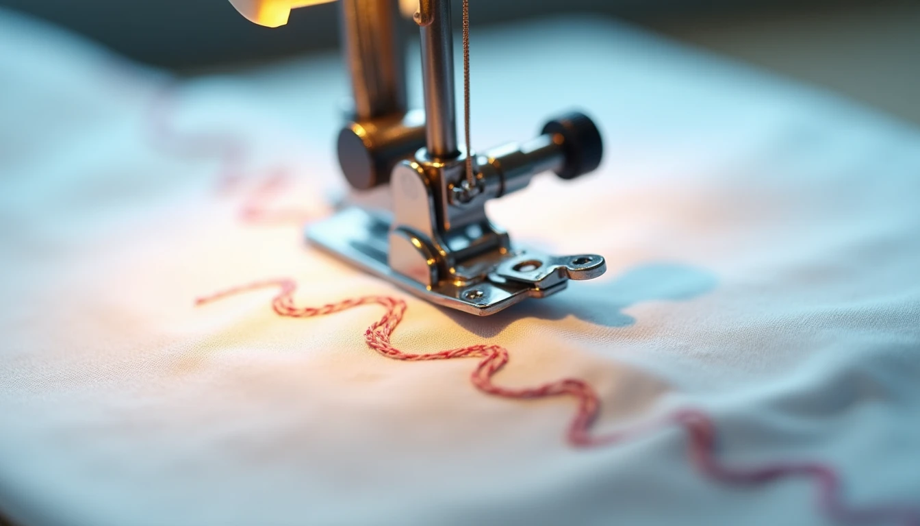 Close-up of a sewing machine sewing a neat zigzag stitch on white cotton fabric