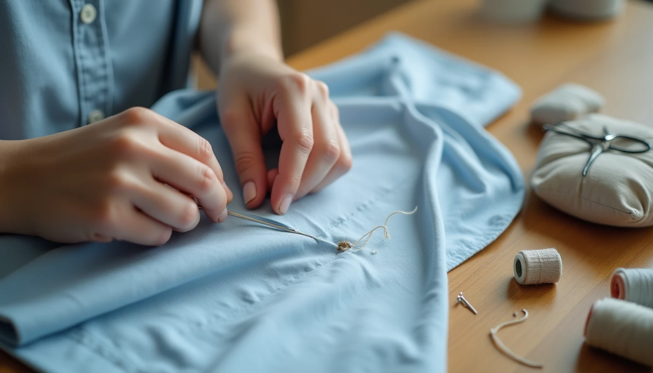 Hands mending a small tear in a shirt with needle and thread, with a mending kit of scissors, pins, and thread spools nearby