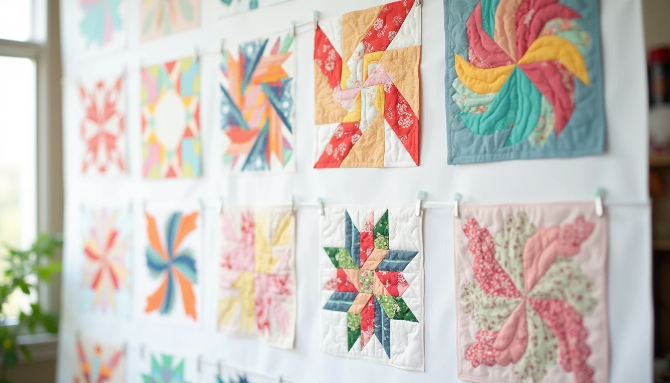 A colorful sampler of classic quilt blocks including log cabin, pinwheel, and flying geese laid out on a design wall