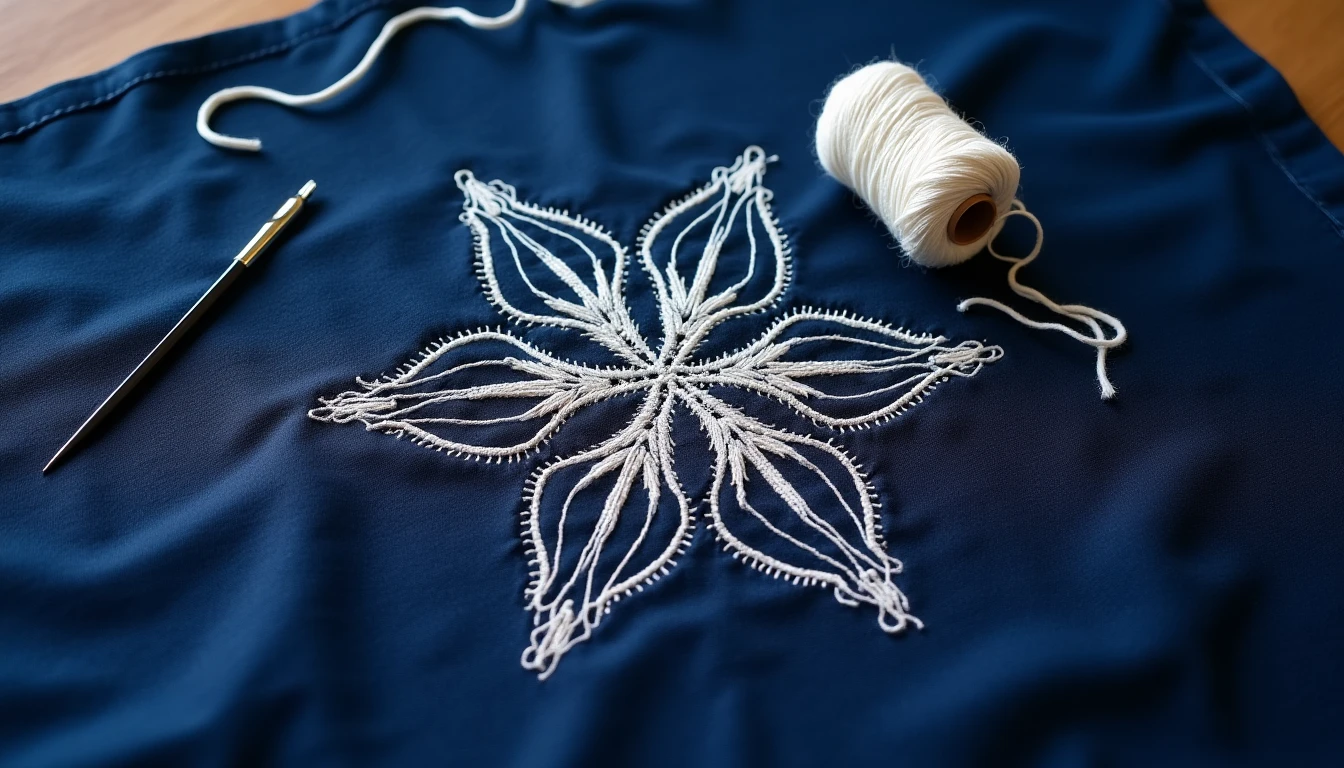 White sashiko stitching forming a hemp leaf pattern on deep indigo cotton fabric, with a long sashiko needle and skein of white cotton thread beside it