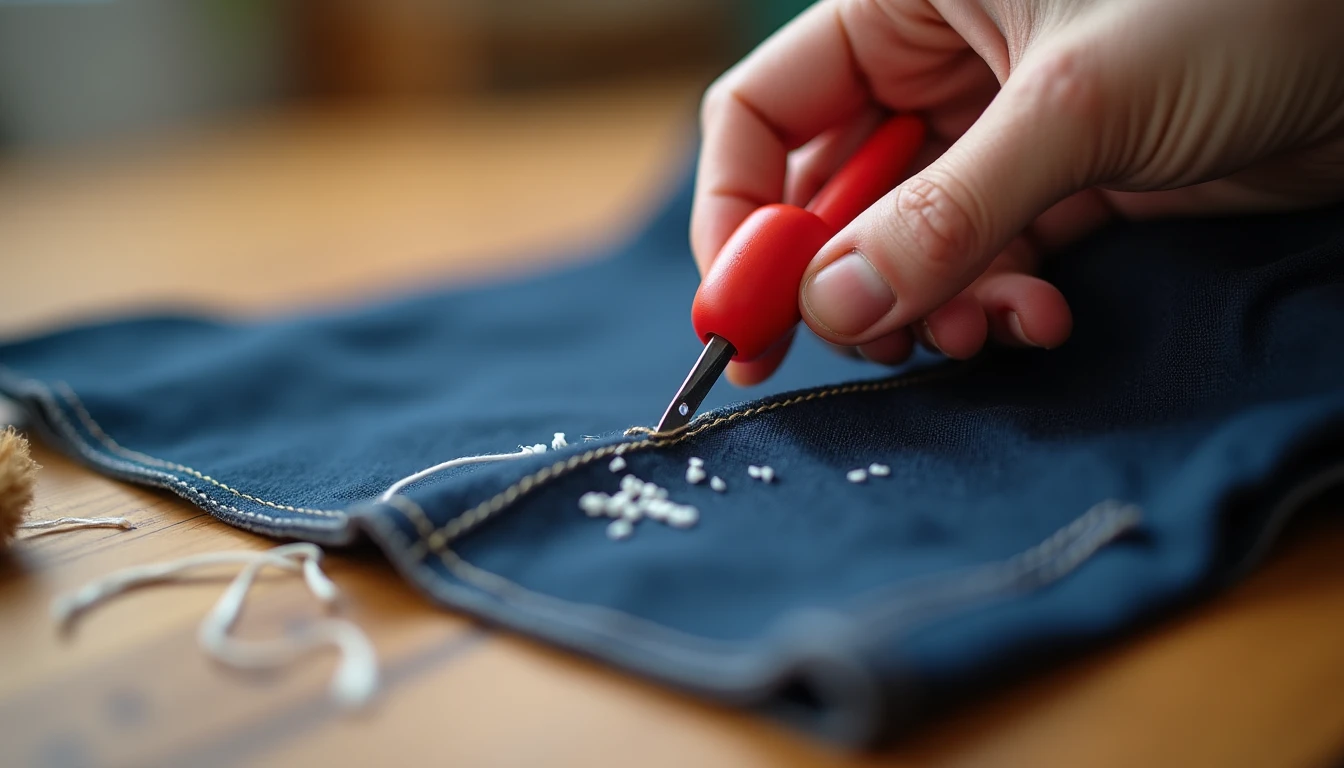 A hand using a seam ripper with a red safety ball to unpick stitches from a navy fabric seam, cut threads and a lint brush on the table