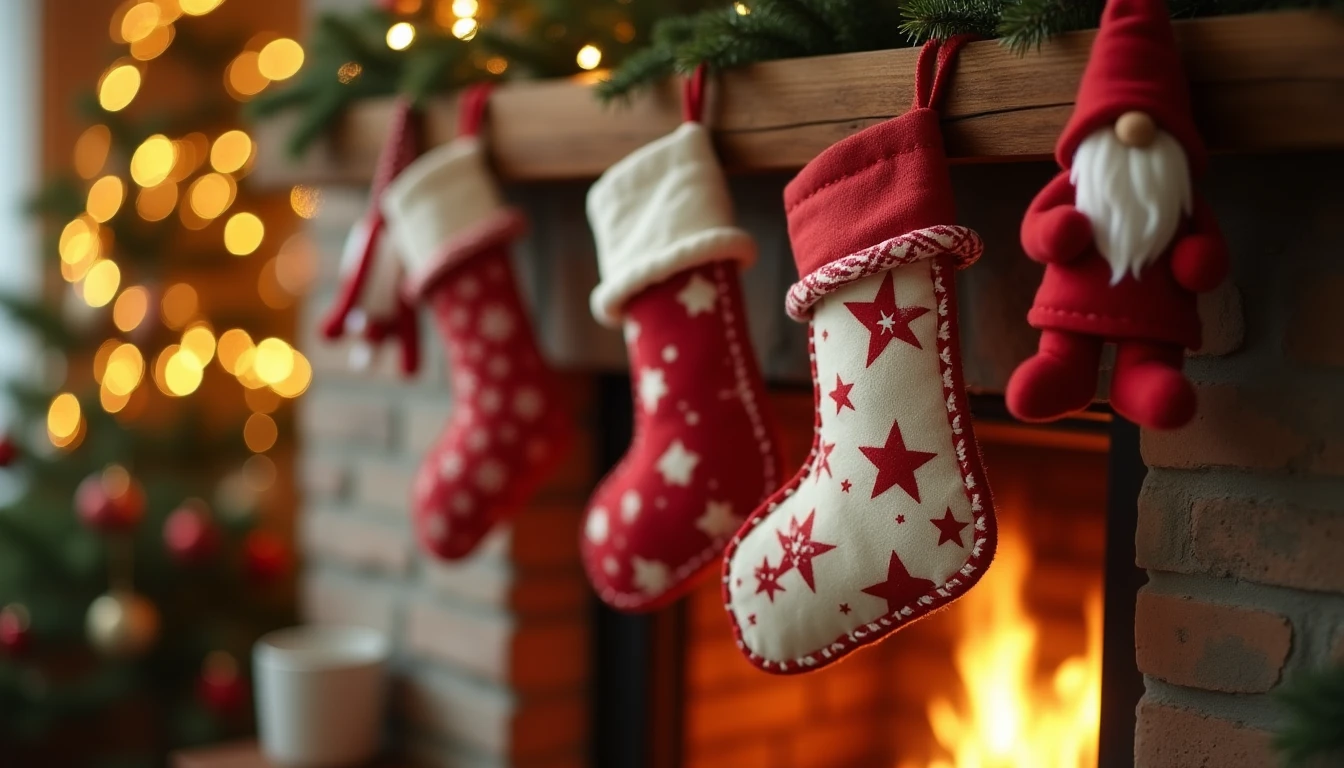 Handmade quilted Christmas stockings and felt ornaments hanging by a cozy fireplace