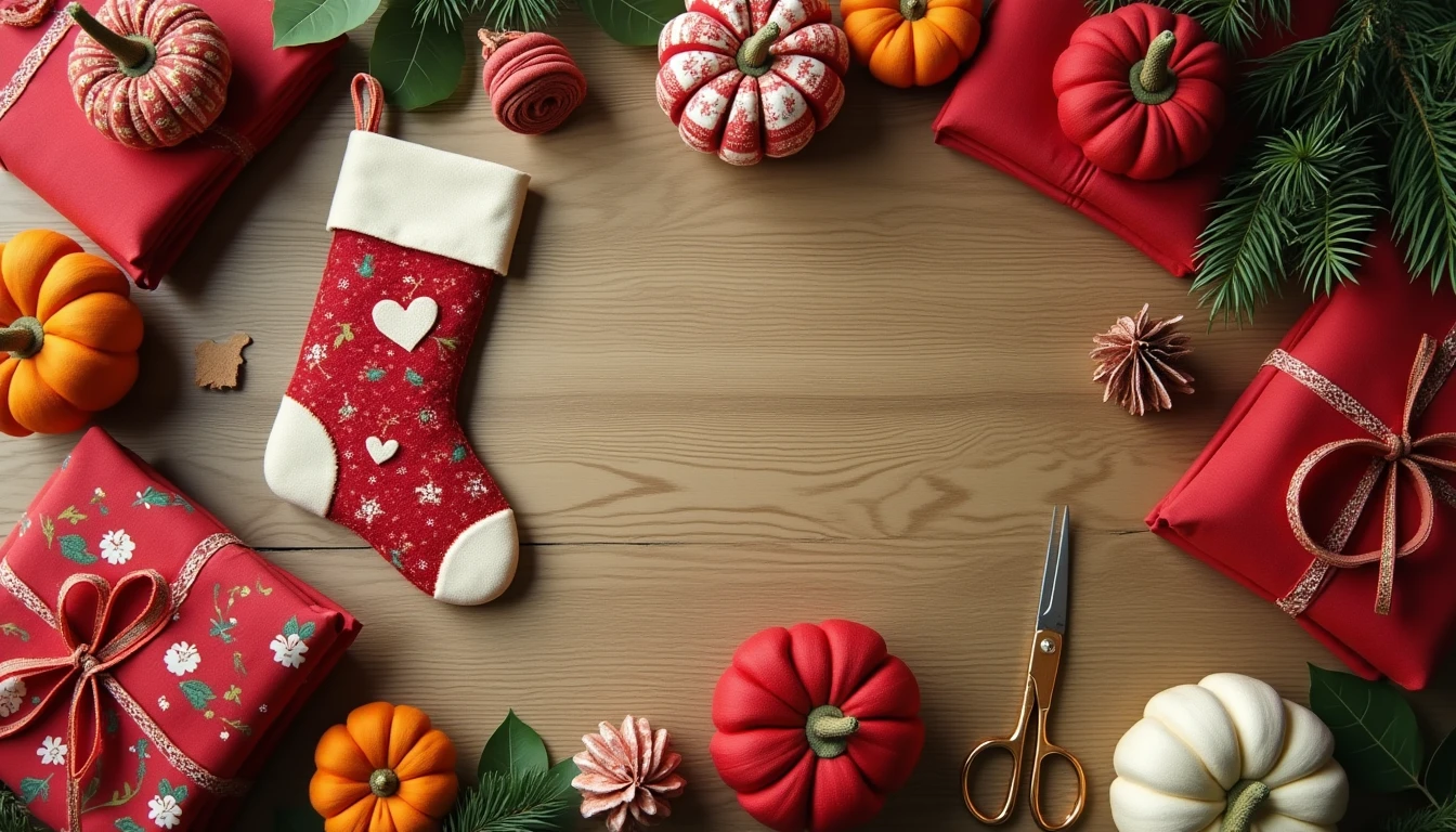 A festive flat lay of handmade holiday sewing projects: a Christmas stocking, felt ornaments, fabric pumpkins, and quilting cotton