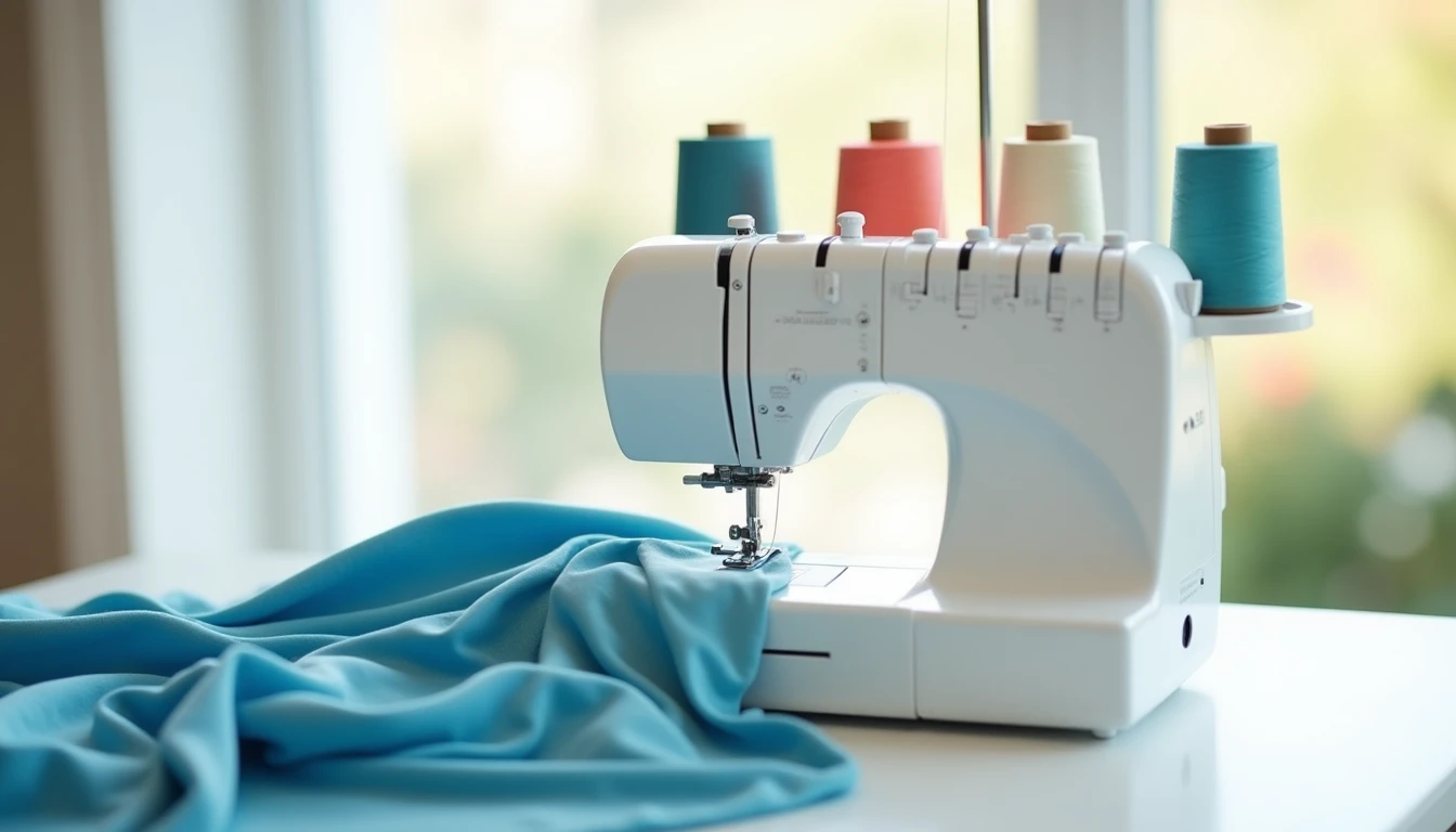 A modern white serger overlocker machine threaded with cones of colored thread finishing the edge of blue knit fabric