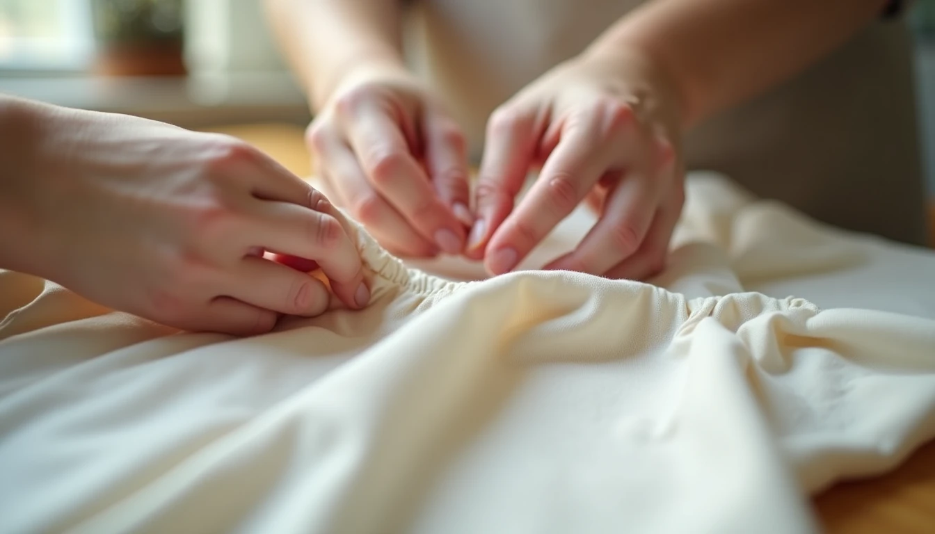 Hands easing and pinning a sleeve cap into a garment armhole, smoothing out small gathers