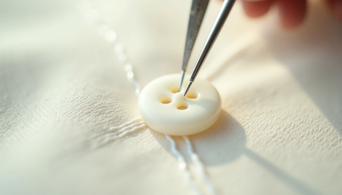 A white four-hole button being hand-sewn onto fabric with white thread in a neat X pattern