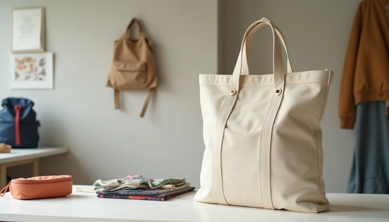 A handmade canvas tote bag standing on a work table beside a zip pouch, a drawstring backpack, and rolls of webbing and interfacing