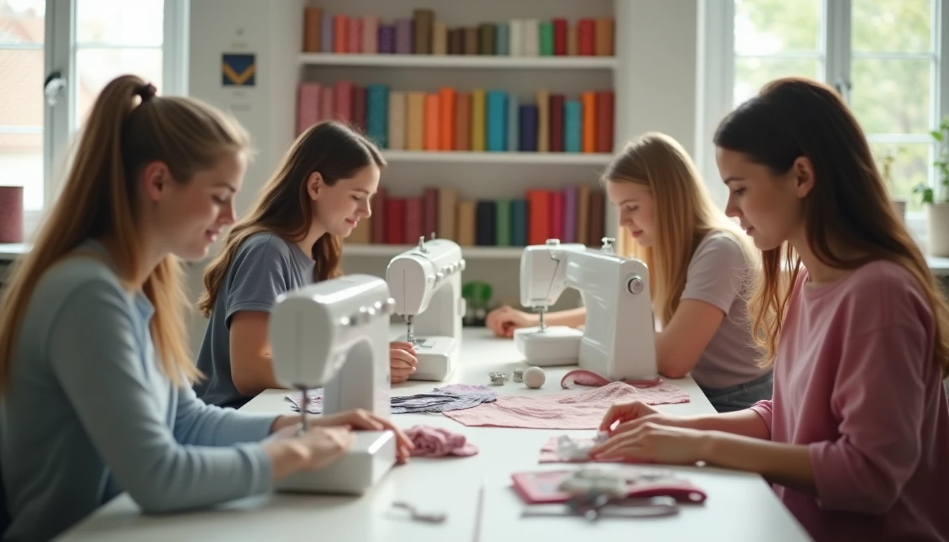 A small group sewing class in a bright studio, students at sewing machines with an instructor helping one of them