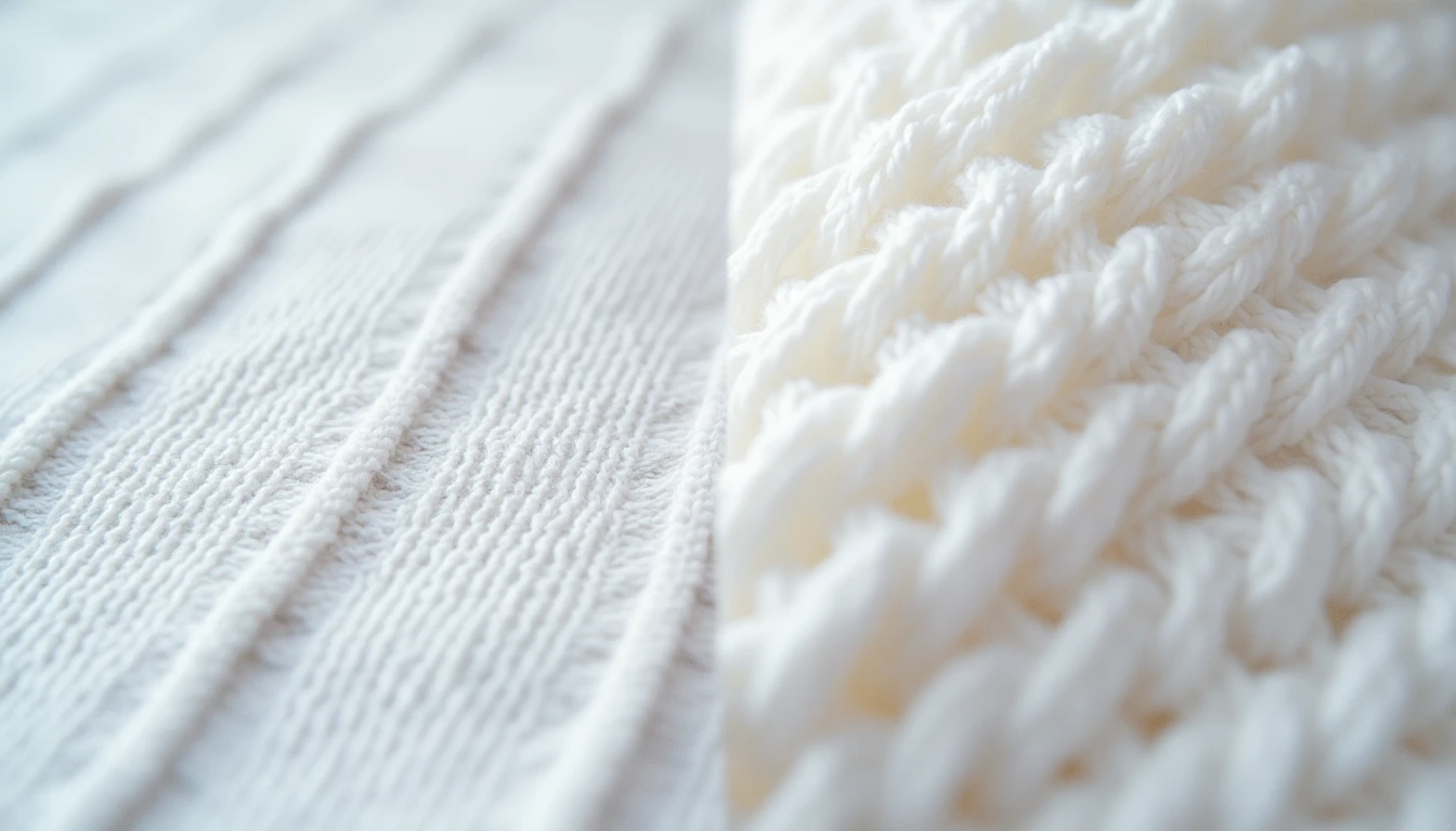 Close-up comparison of woven fabric with a visible grid weave next to knit fabric with visible loops