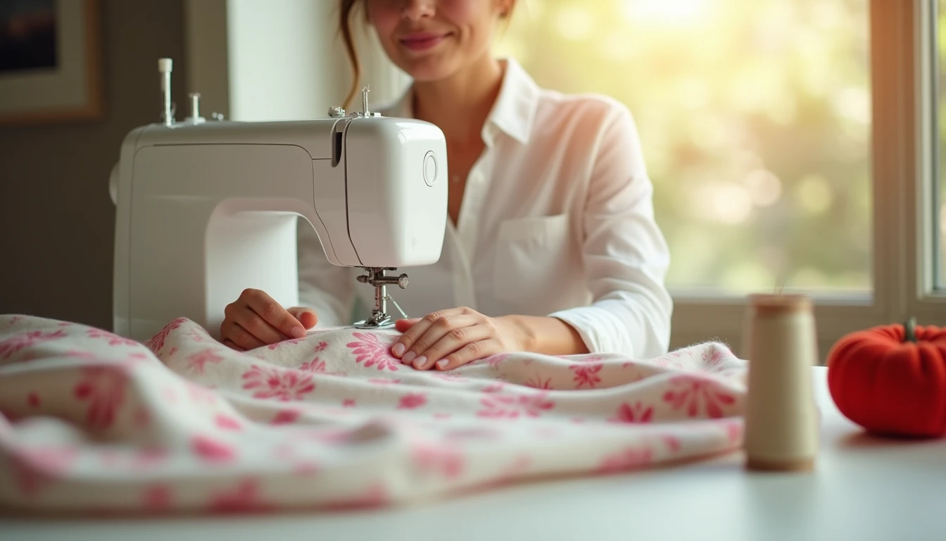 A beginner at a sewing machine guiding quilting cotton fabric under the presser foot with a pincushion and thread nearby