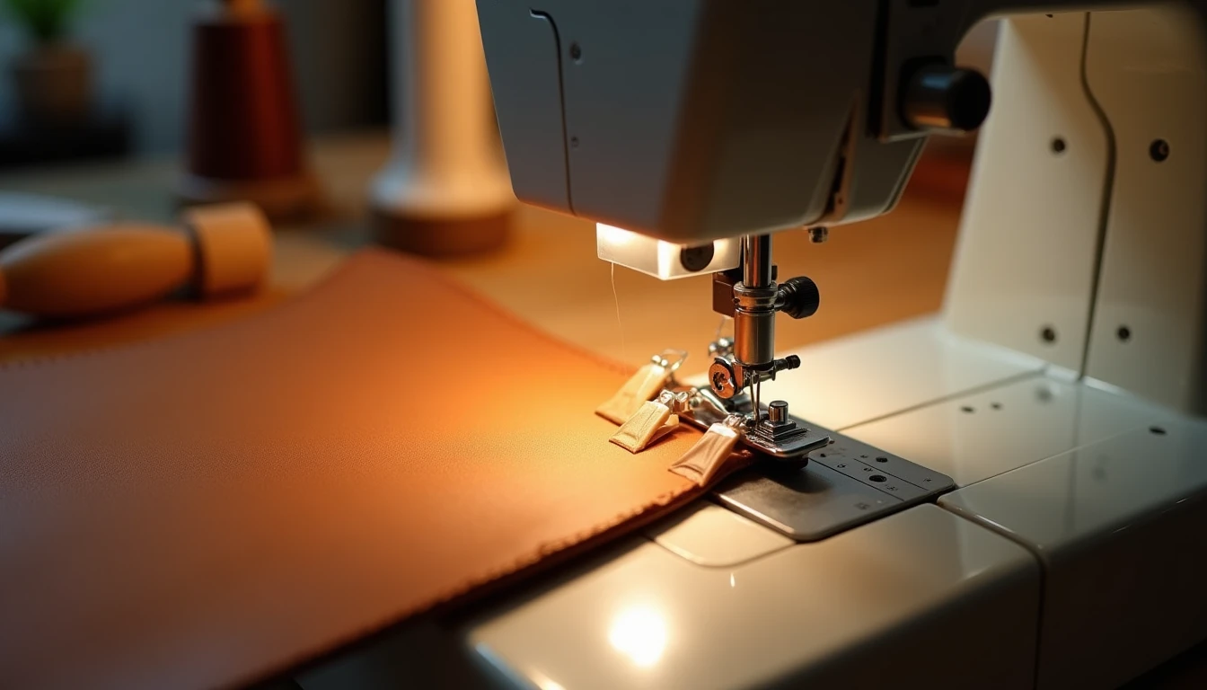 A home sewing machine with a teflon foot topstitching the edge of caramel brown garment leather, binder clips holding the seam and a small mallet nearby