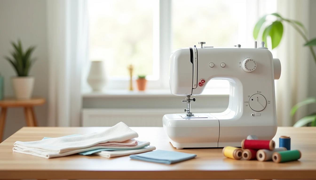 A friendly modern beginner sewing machine on a light wood table with fabric swatches and thread spools