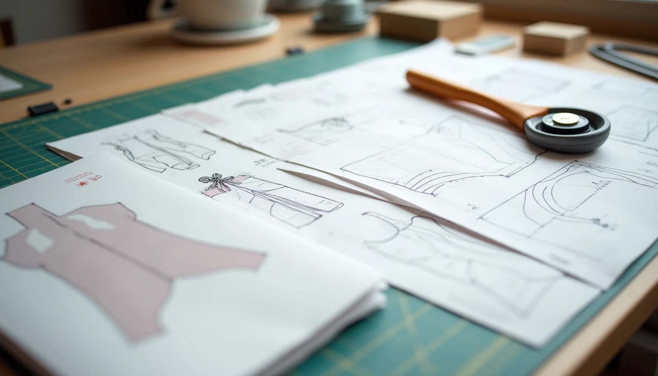 Sewing pattern envelopes, printed PDF pattern pages taped together, and tissue pattern pieces spread on a cutting table