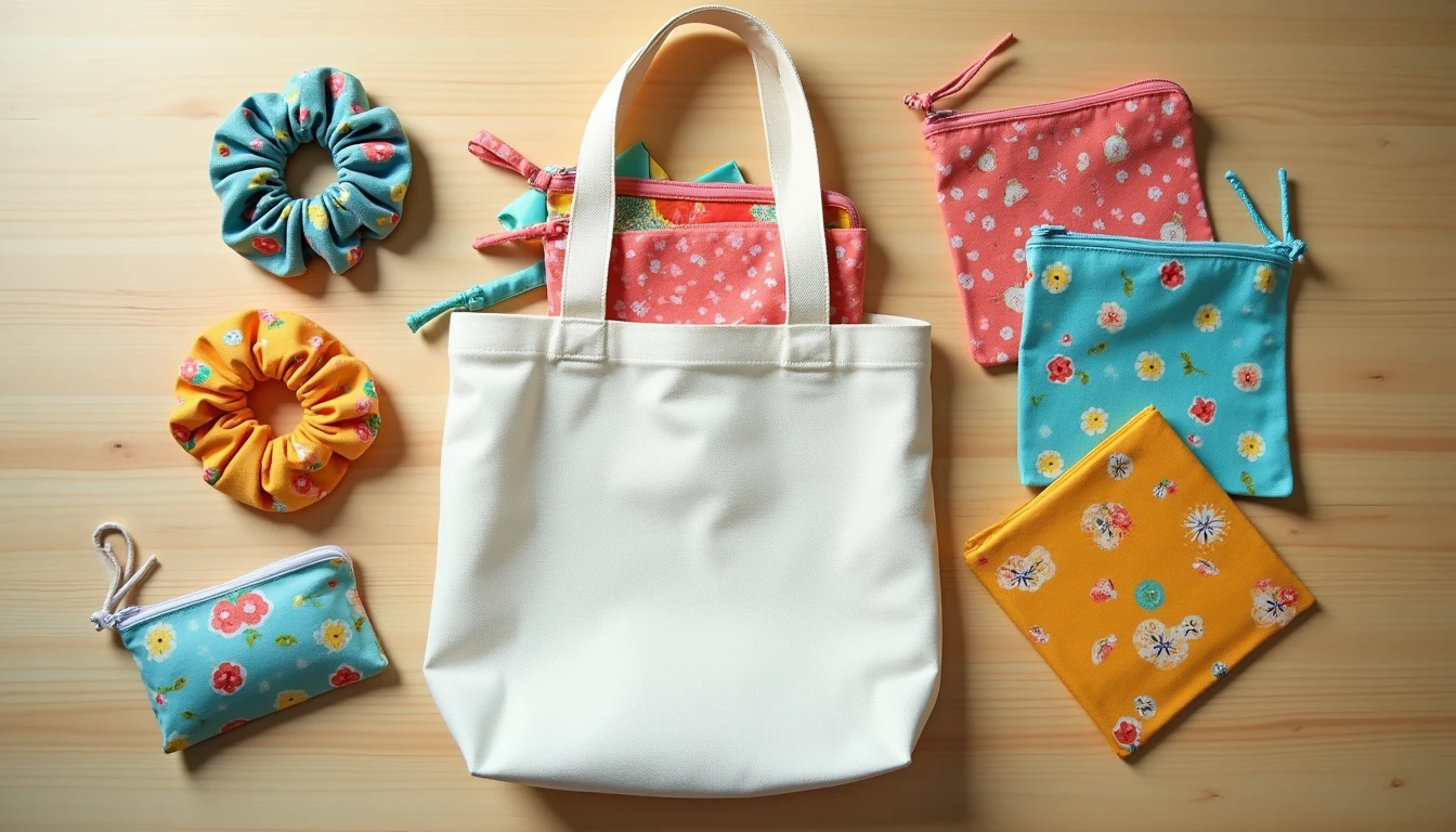 A colorful spread of small sewing projects on a table: a tote bag, zip pouches, scrunchies, coasters, and folded cloth napkins