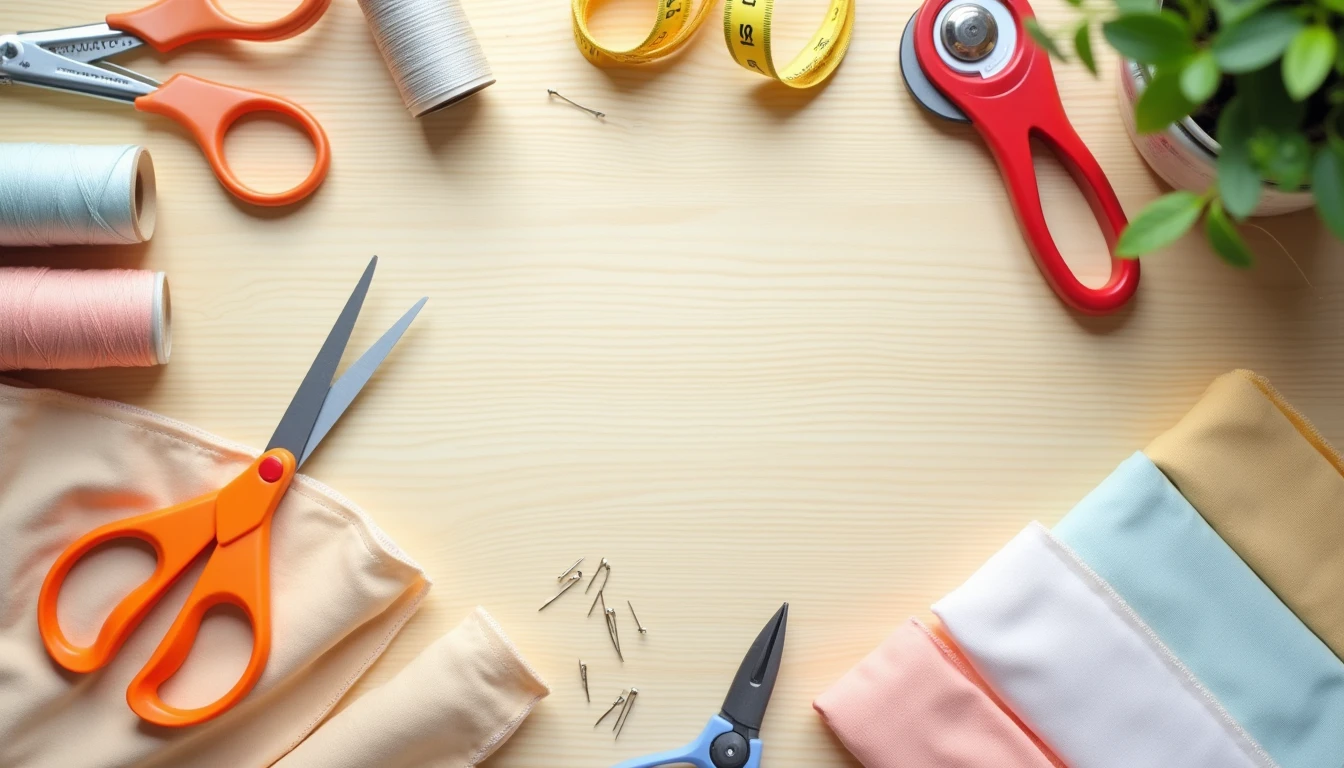 A neat flat-lay of essential beginner sewing tools on a light wood table: fabric scissors, thread spools, pins, seam ripper, tape measure, and a rotary cutter