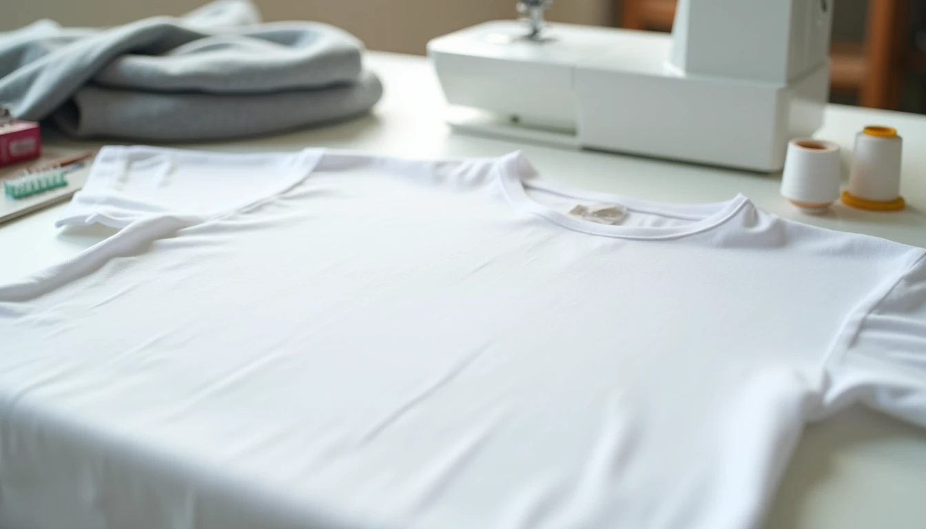 A handmade white t-shirt on a sewing table next to folded jersey fabric, a ballpoint needle pack, and thread