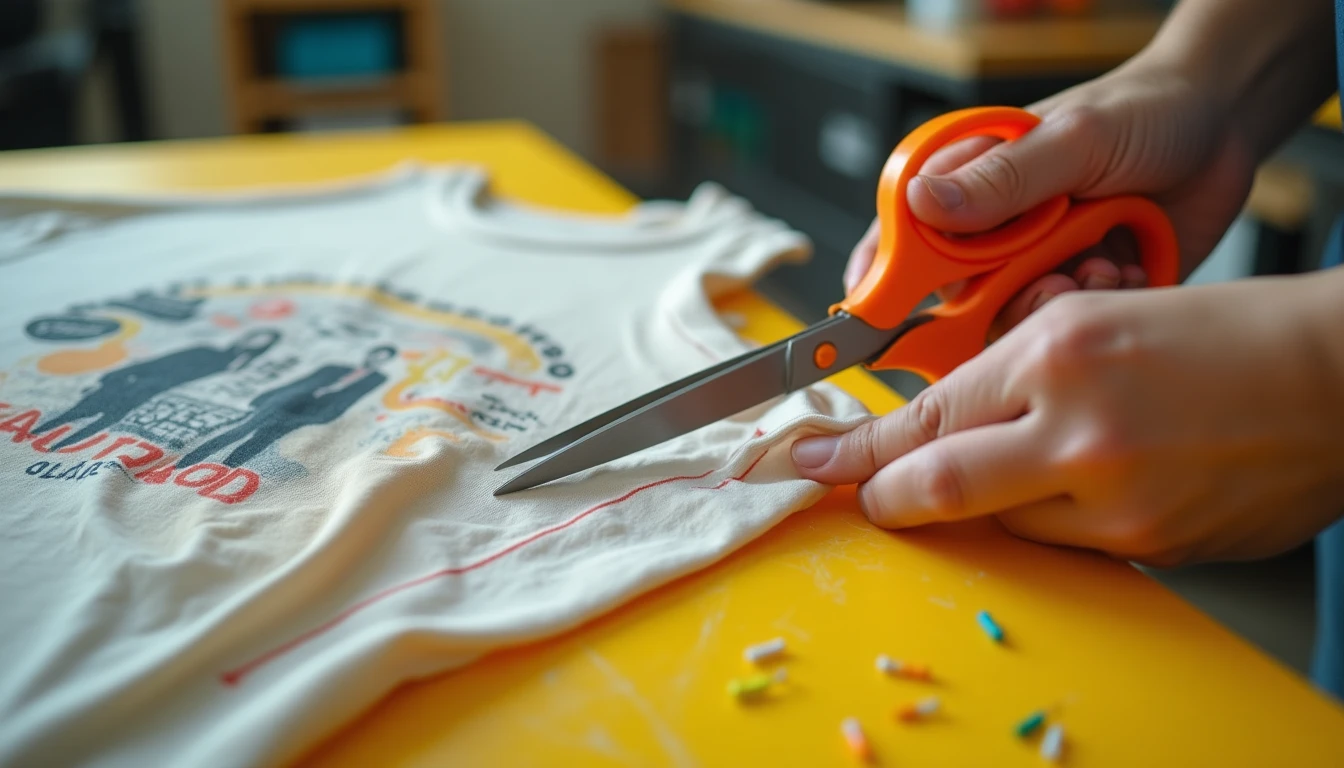 An old graphic t-shirt being cut into a tank top with fabric scissors along chalk-marked lines