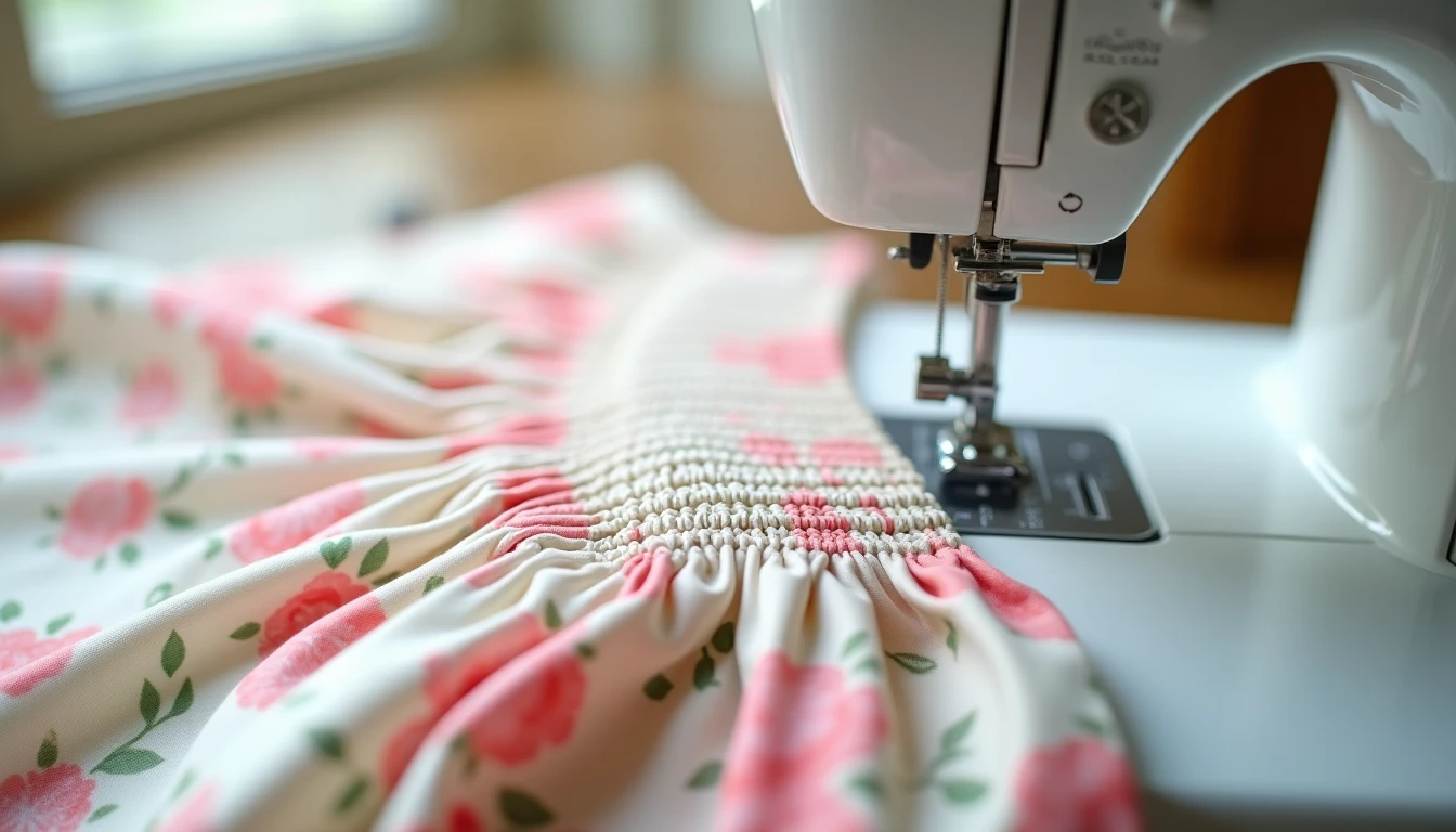 Rows of even shirring with elastic thread creating a stretchy gathered panel on floral cotton lawn fabric at a sewing machine