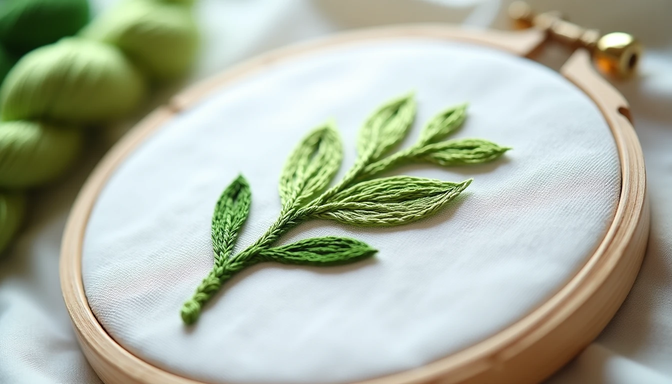 A curved flower stem embroidered in green stem stitch on white cotton in a wooden hoop, showing the twisted rope texture of the overlapping stitches