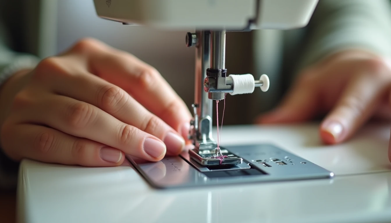 Hands threading the top thread of a sewing machine down around the tension area toward the needle