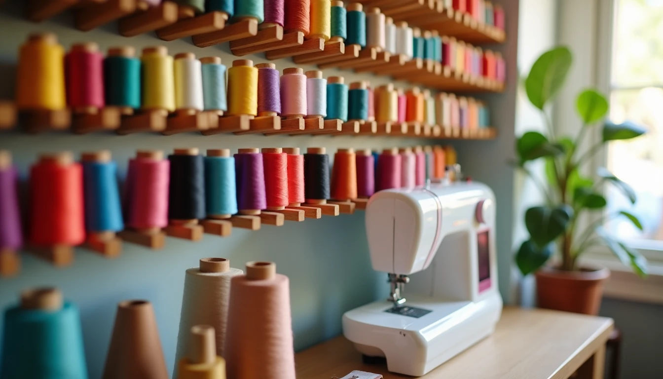 Rows of colorful sewing machine thread spools in different weights and fibers organized on a wooden thread rack beside a sewing machine