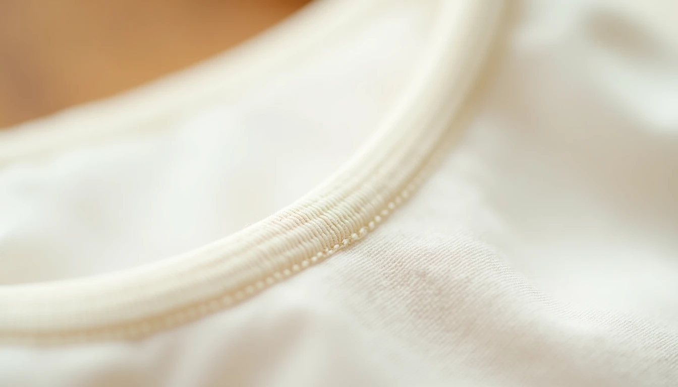 A line of understitching along a curved neckline facing, the facing rolling neatly to the inside