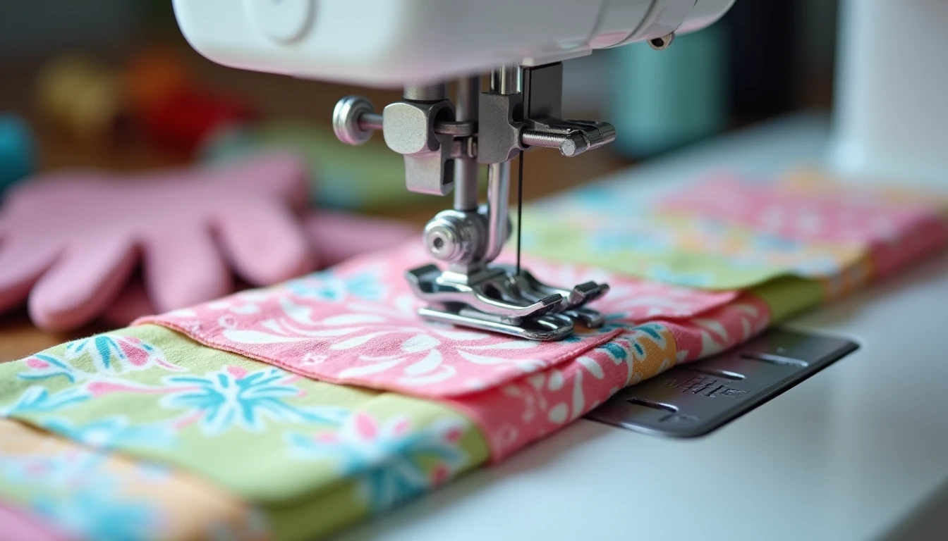 A walking foot attached to a sewing machine feeding three layers of quilt sandwich evenly, with the fork arm resting on the needle clamp screw