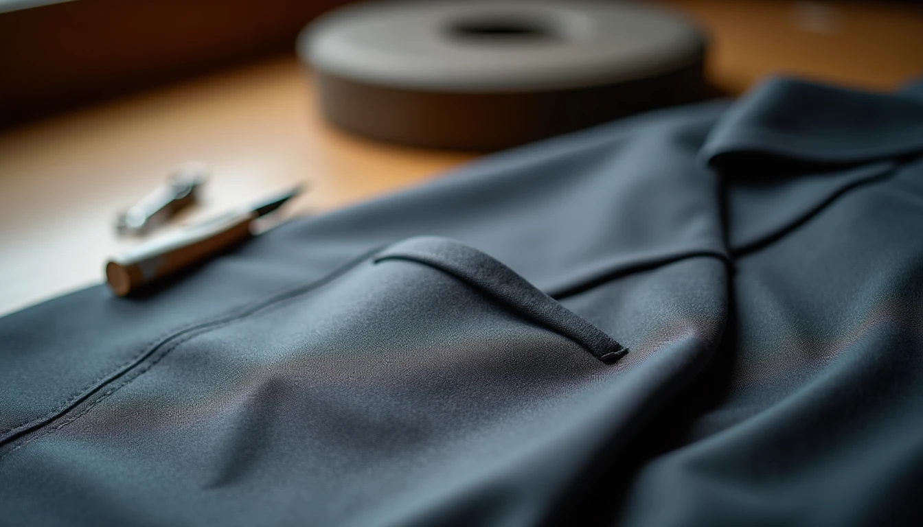 A perfectly sewn double welt pocket with two narrow fabric lips meeting evenly on gray suiting fabric, with marking chalk and small scissors beside it