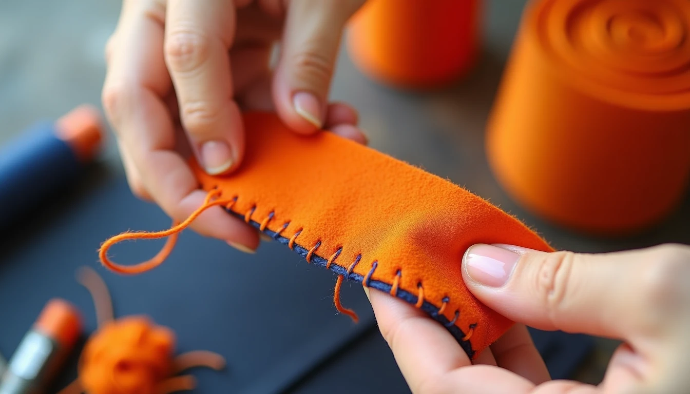 Close-up of hands whip stitching two orange felt pieces together with contrasting embroidery floss, showing even diagonal stitches wrapping over the edge