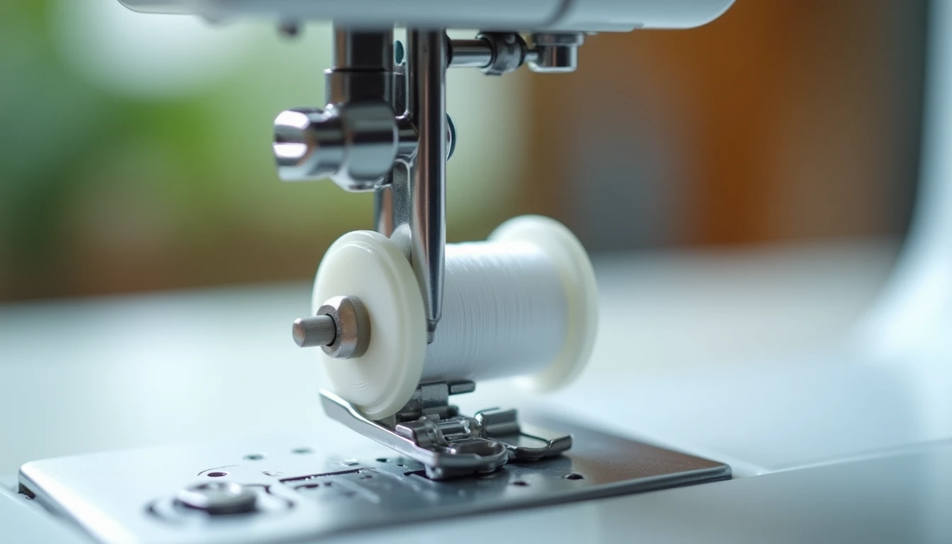 A white bobbin being wound with thread on a sewing machine's bobbin winder spindle