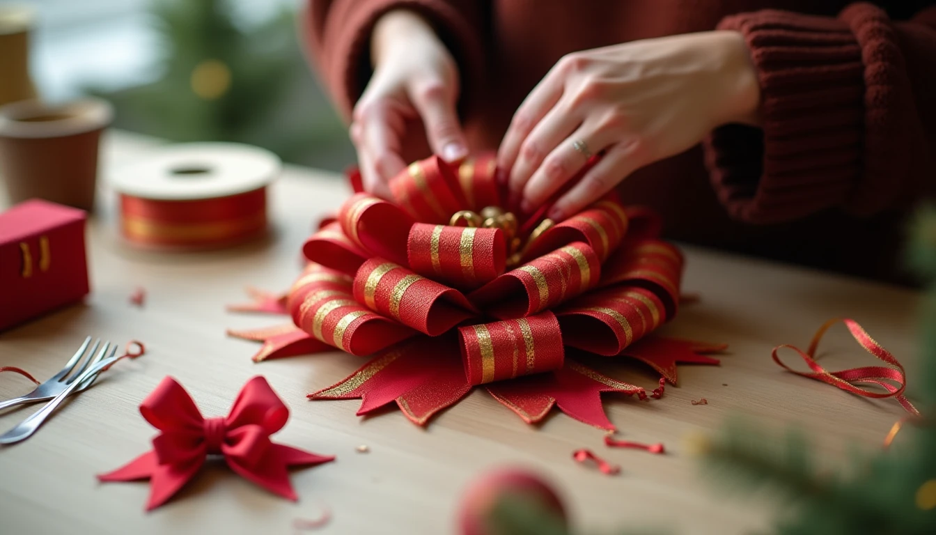 Hands tying a large red and gold wired ribbon bow with multiple full loops and dovetail-cut tails, with a fork mini bow and spools of wired ribbon nearby