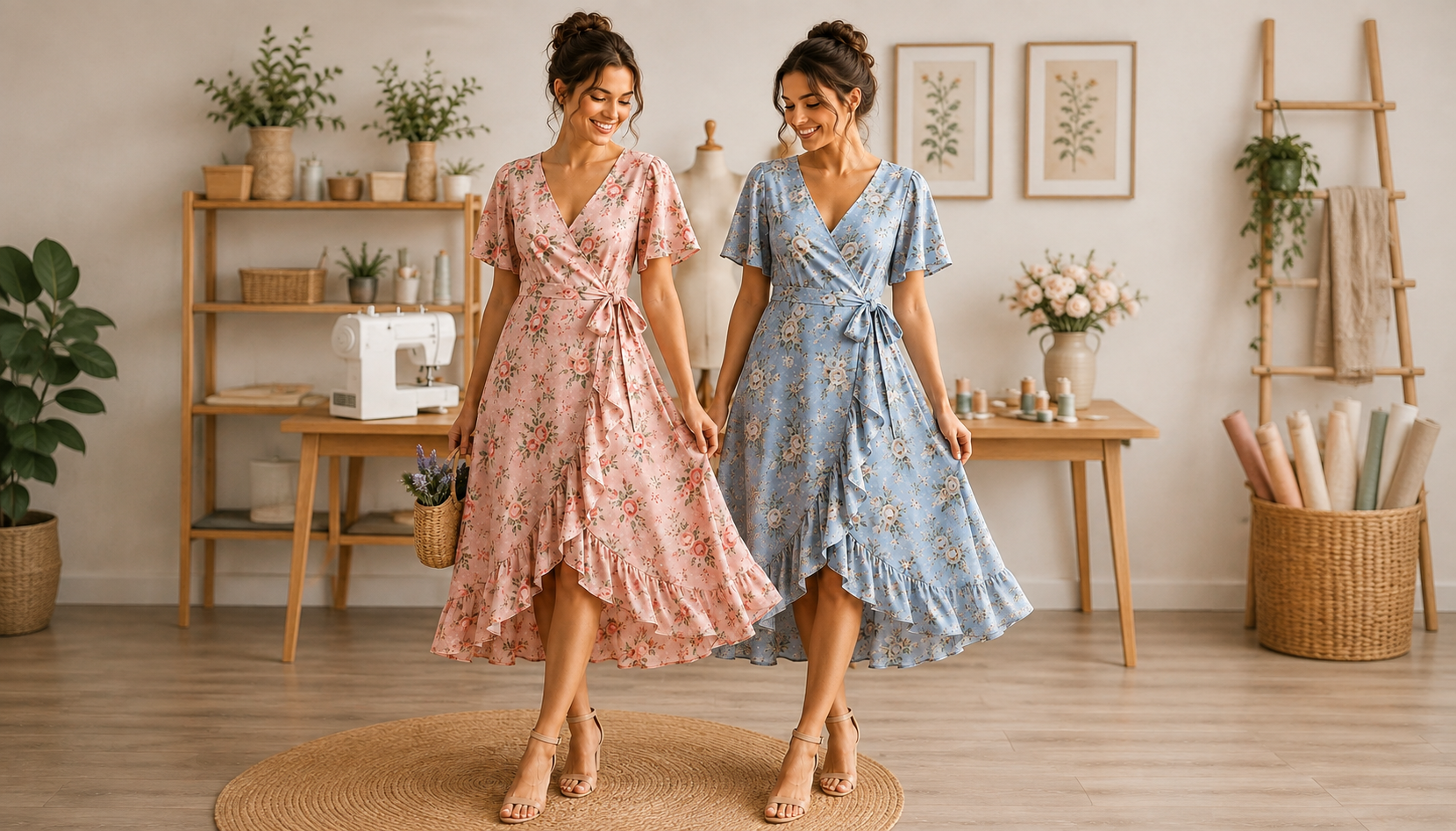 Two women wearing floral summer wrap dresses in pink and blue, sewing studio background